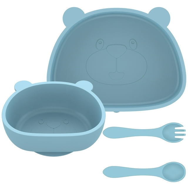 Baby Plate and Bowl Set with Suction Reusable Silicone Baby Tableware Set with Flexible Fork