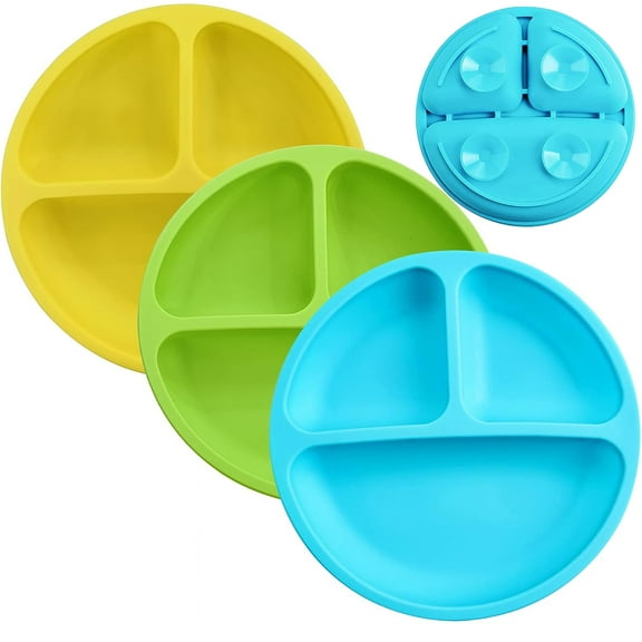 Baby Plates Toddler Plates with Suction -100% Silicone Divided Silicone Plates for Baby - 3 Pack silicone plates for baby