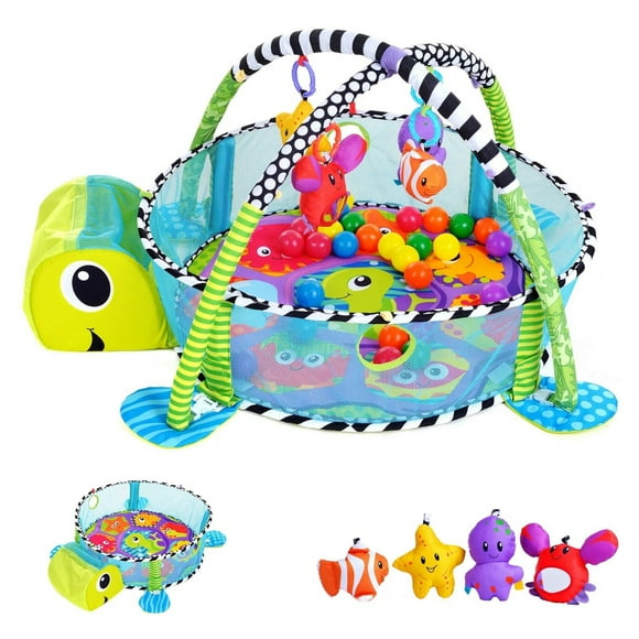 Baby Play Gym, 3-in-1 Activity Mat with Hanging Toys, Ocean Balls, Turtle Storage Bag, for Newborn Toddlers 0-3