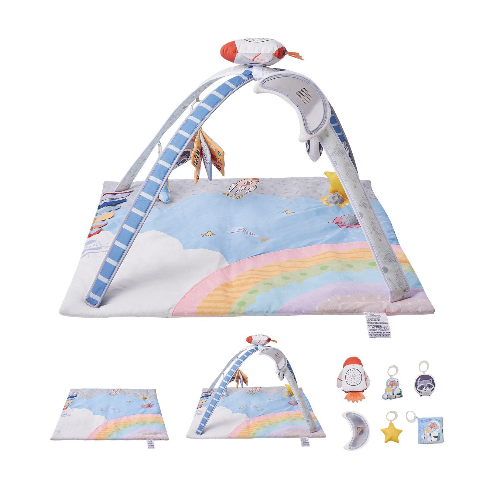 Baby Play Gym Mat with 6 Sensory Toys and Light Up Musical Rocket Toy for Newborn Infant 0 to 18 Months Motor Skill Development Essential Gift