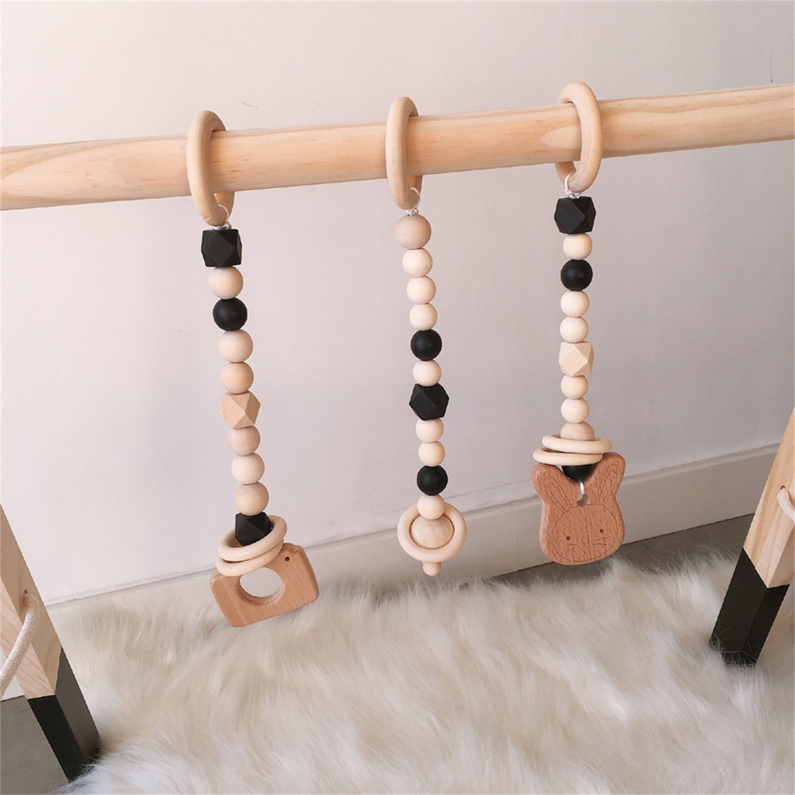 Baby Play Gym Wooden Baby Gym with 3 Wooden Baby Toys Foldable Baby