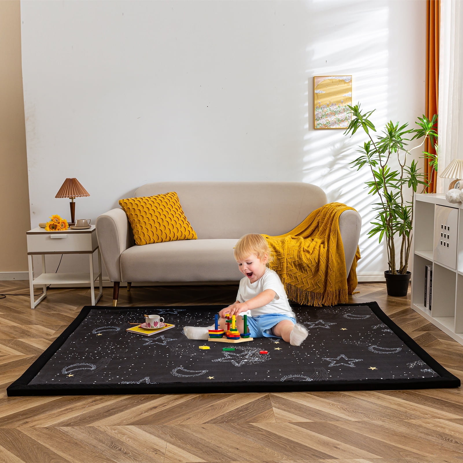 Baby Play Mat, 1.2" Thick Memory Foam Soft Padded Carpet with Non-Slip Backing, 5x7 ft Japanese Tatami Rug Living Room for Kids, Toddler, Children, Nusery(black star)