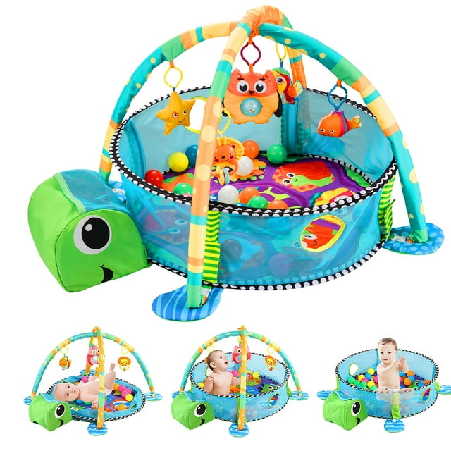 Baby Play Mat, 3 in 1  Baby Play Gym Activity Mat, with Hanging Toys and Ocean Balls,  for Infants Toddlers, Blue Turtle