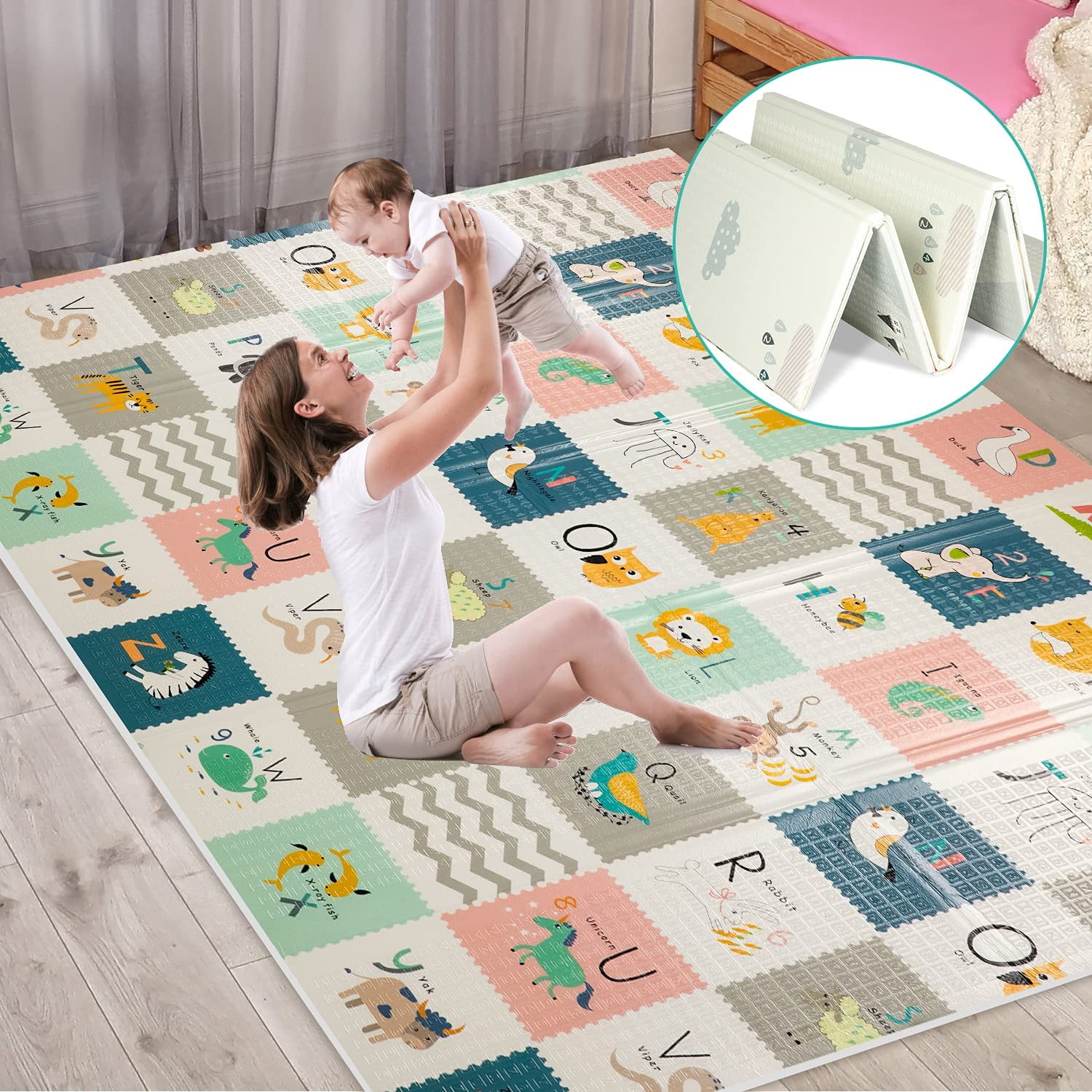 Baby Play Mat, 79x71inch Extra Large Folding Baby Crawling Mat, Waterproof Reversible Playmat Foam Non Toxic Anti-Slip Portable Kids Play Mat for Infant, Toddler