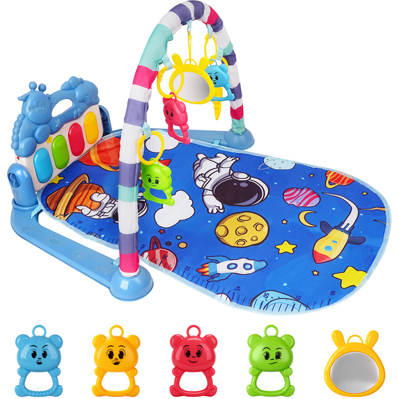 Baby Play Mat Baby Gym,Funny Play Piano Tummy Time Mat Baby Mat with 5 Infant Sensory Baby Toys, Music and Lights Boy & Girl Gifts for Newborn Baby 0-12 Months,Blue