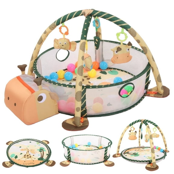 Baby Play Mat, Caveen 3 in 1 Baby Play Gym Activity Mat, with Hanging Toys and Ocean Balls, for Infants Toddlers, Orange Giraffe