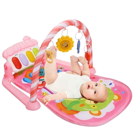 Baby Play Mat, Caveen Activity Gym Play Mat Center with Musical Play Piano and Hanging Rattles Toys, for Infants 0-12 Months, Pink