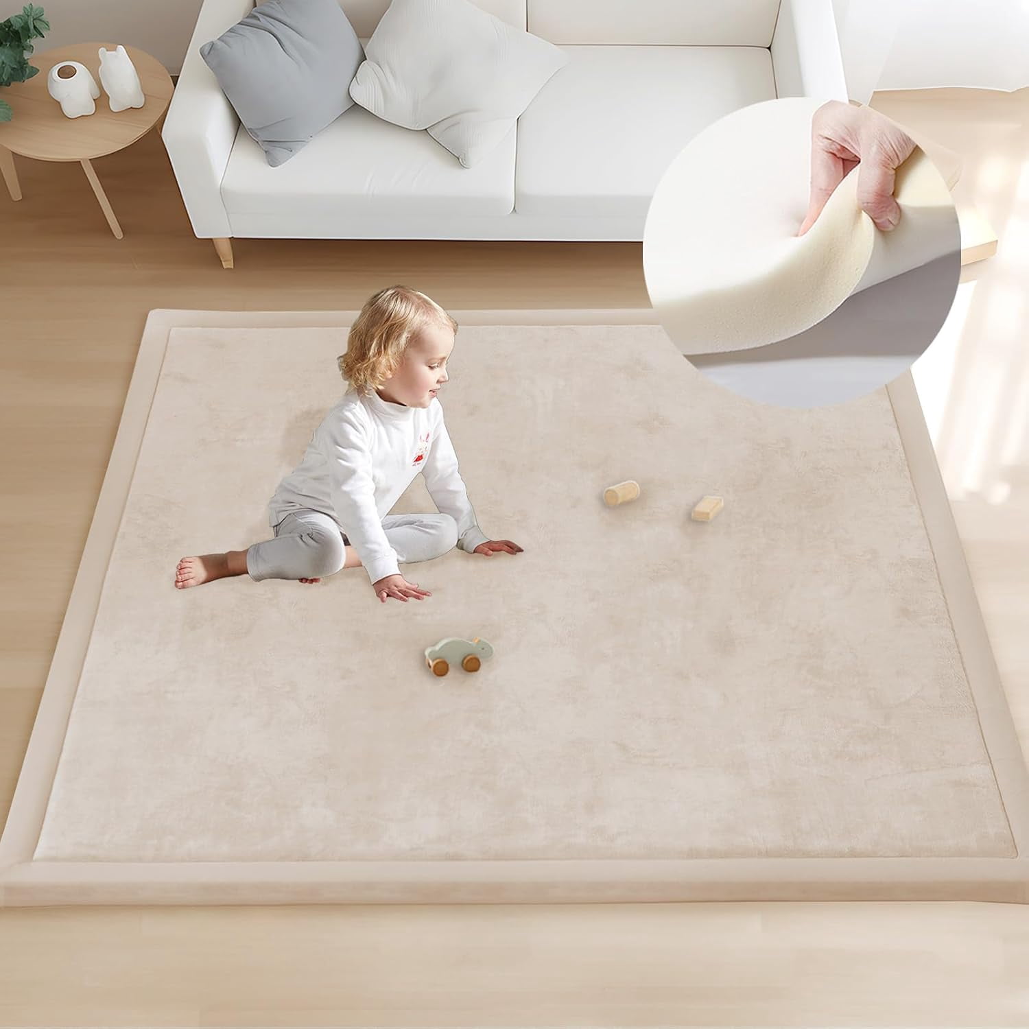 Baby Play Mat for Floor 1.3" Thick Memory Foam 50x50 Soft Velvet Playpen Mat for Kids,Infants,Toddlers,Tummy Time Crawling Mats with Non-Slip Bottom,Yoga,Tatami,Nursery Rug（Beige）