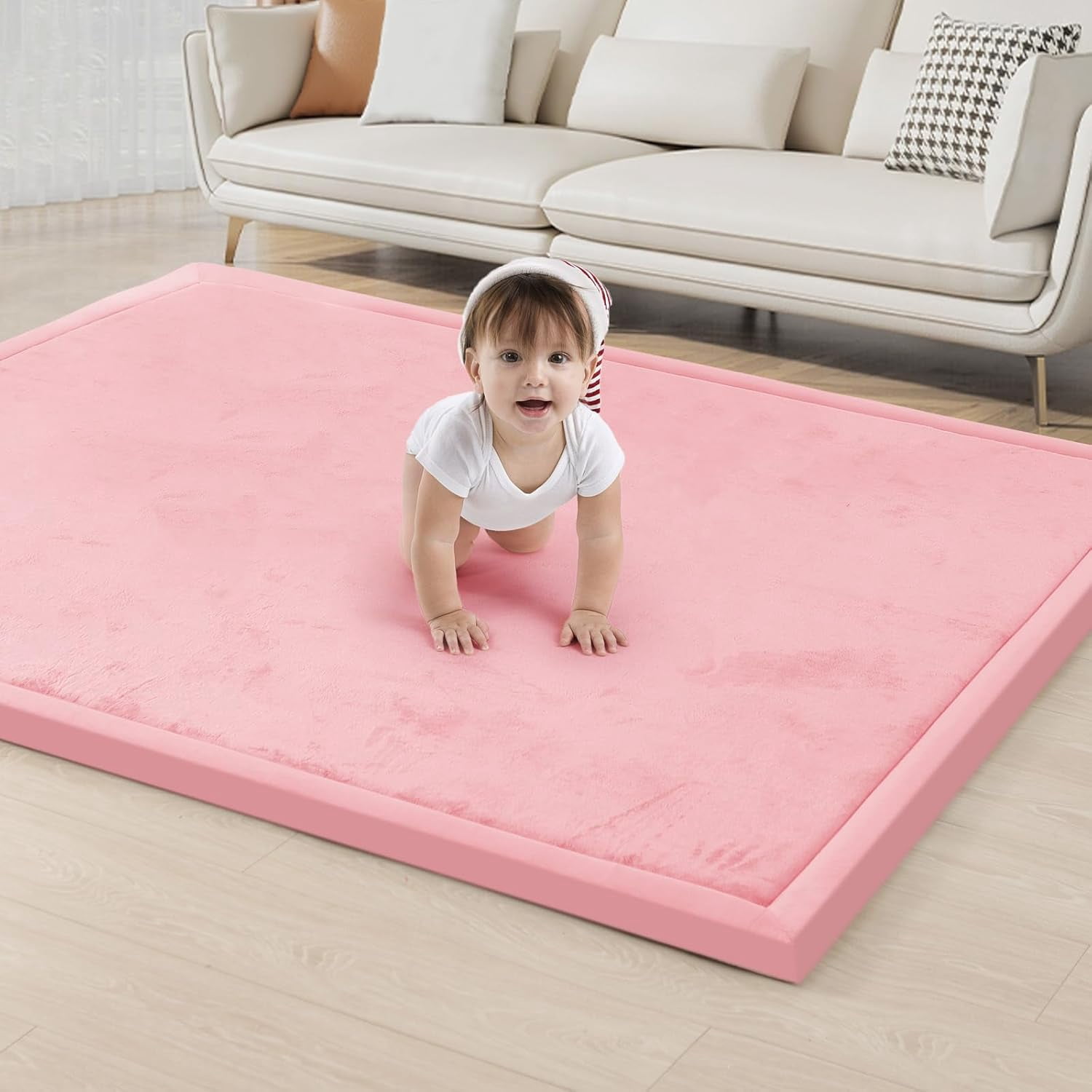 Baby Play Mat for Floor 1.3" Thick Memory Foam Play Mat 39"×59" Tummy Time Crawling with Non-Slip Bottom for Living Room,Nursery,Soft Velvet Playpen Mats for Kids,Infants（Pink）