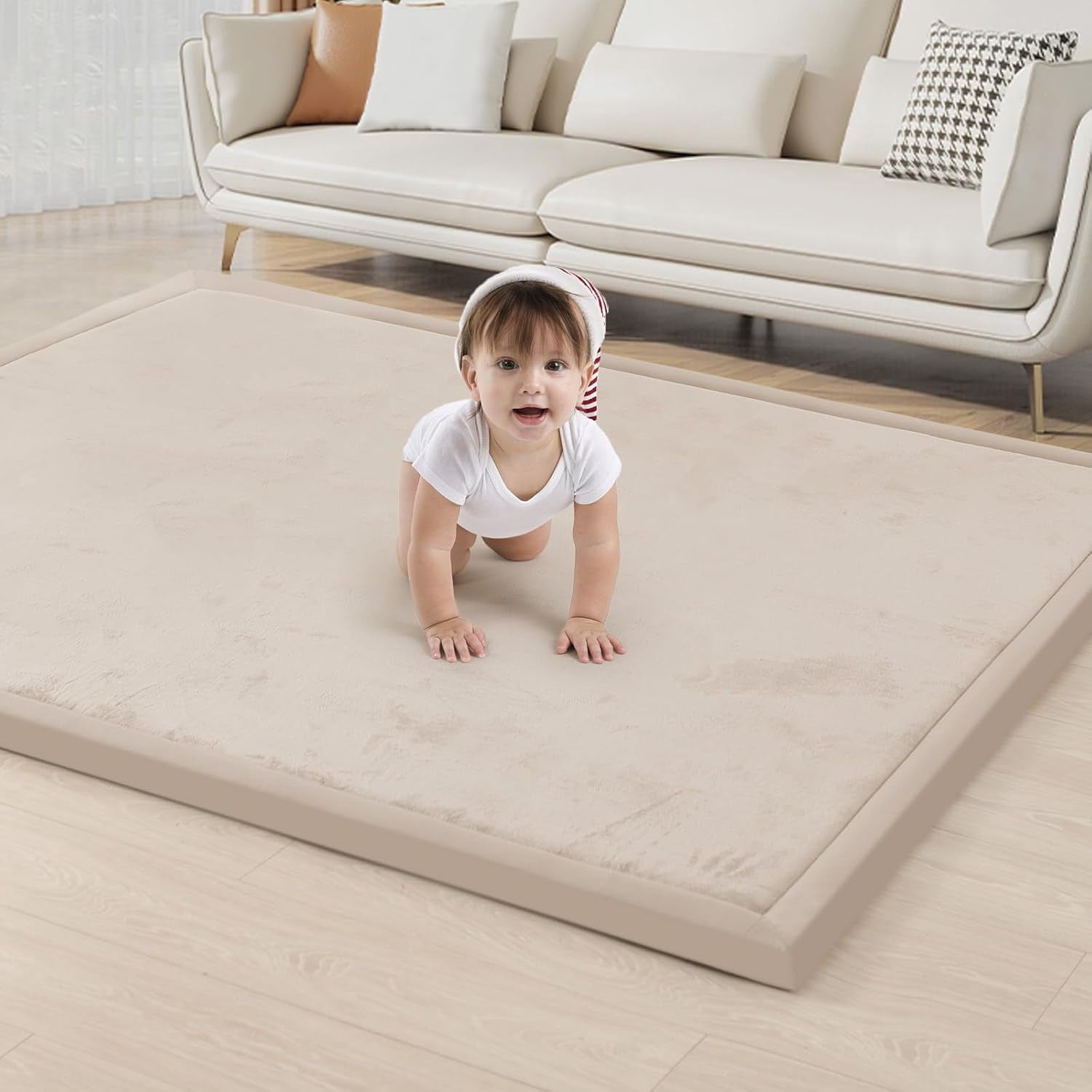 Baby Play Mat for Floor 1.3" Thick Memory Foam Play Mat 59"×71" Tummy Time Crawling with Non-Slip Bottom for Living Room,Nursery,Soft Velvet Playpen Mats for Kids,Infants（Beige）