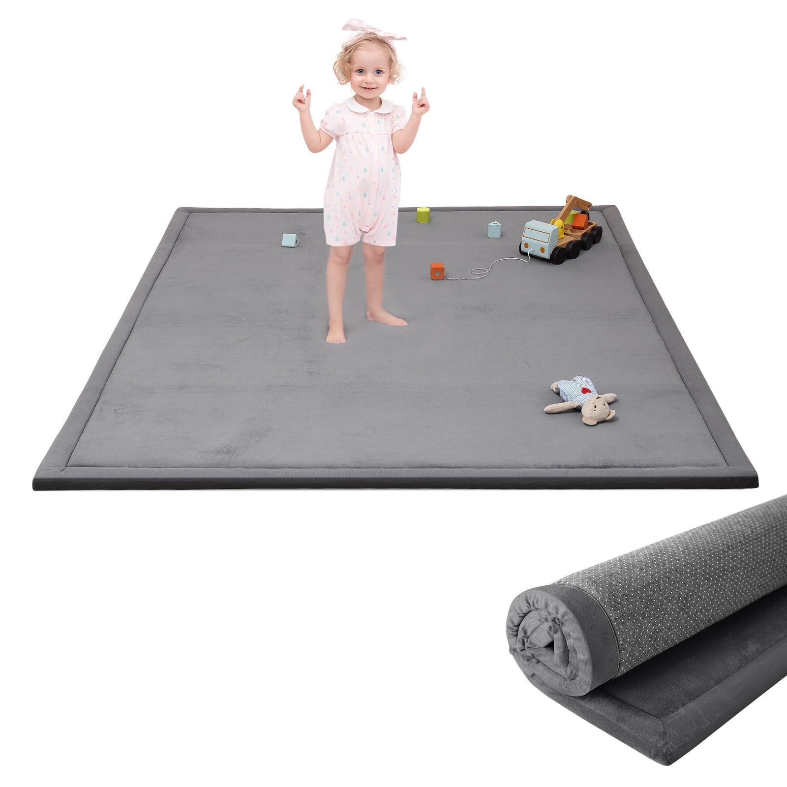 Baby Play Mat for Floor,1.2" Thick Memory foam Tummy Time Mat,Soft Coral Velvet Nursery Rug,Extra Large Non Slip Crawling Mat for Toddlers,Infants,Tatami Mat for Living Room(Dark Grey,118"X79")