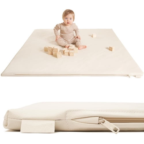 Baby Play Mat for Floor, 50" X 50" Vegan Leather & Memory Foam Area Rug - 1.2" Thick Playpen Mat for Tummy Time, Non-Slip Safe for Crawling, Easy to Clean(Beige)