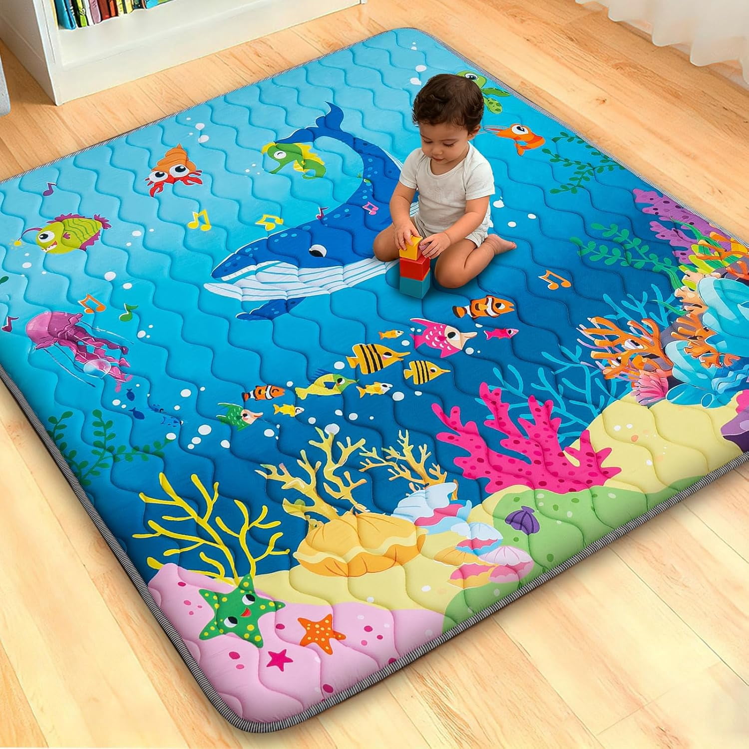 Baby Play Mat for Floor, 50'' x 50'' Thicken Foam Soft Padded Mat for Baby, Playpen Mat for Toddlers Infant Kids, Machine Washable, Non-slip Bottom Safe for Crawling (Sea)