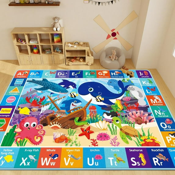 AKASISRUG Ocean ABC Kids Play Mat Baby Play Mat for Floor, Sea Animals Kids Rugs for Girls and Boys Playroom, Foldable Kids Rug Mat for Baby Toddler Infants Crawling Playing (59X39.4 INCH)