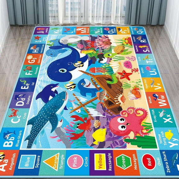 Baby Play Mat for Floor, Ocean ABC Kids Play Mat, Sea Animals Kids Rugs for Girls and Boys Playroom, Foldable Kids Rug Mat for Baby Toddler Infants Crawling Playing (78.7X59 INCH)