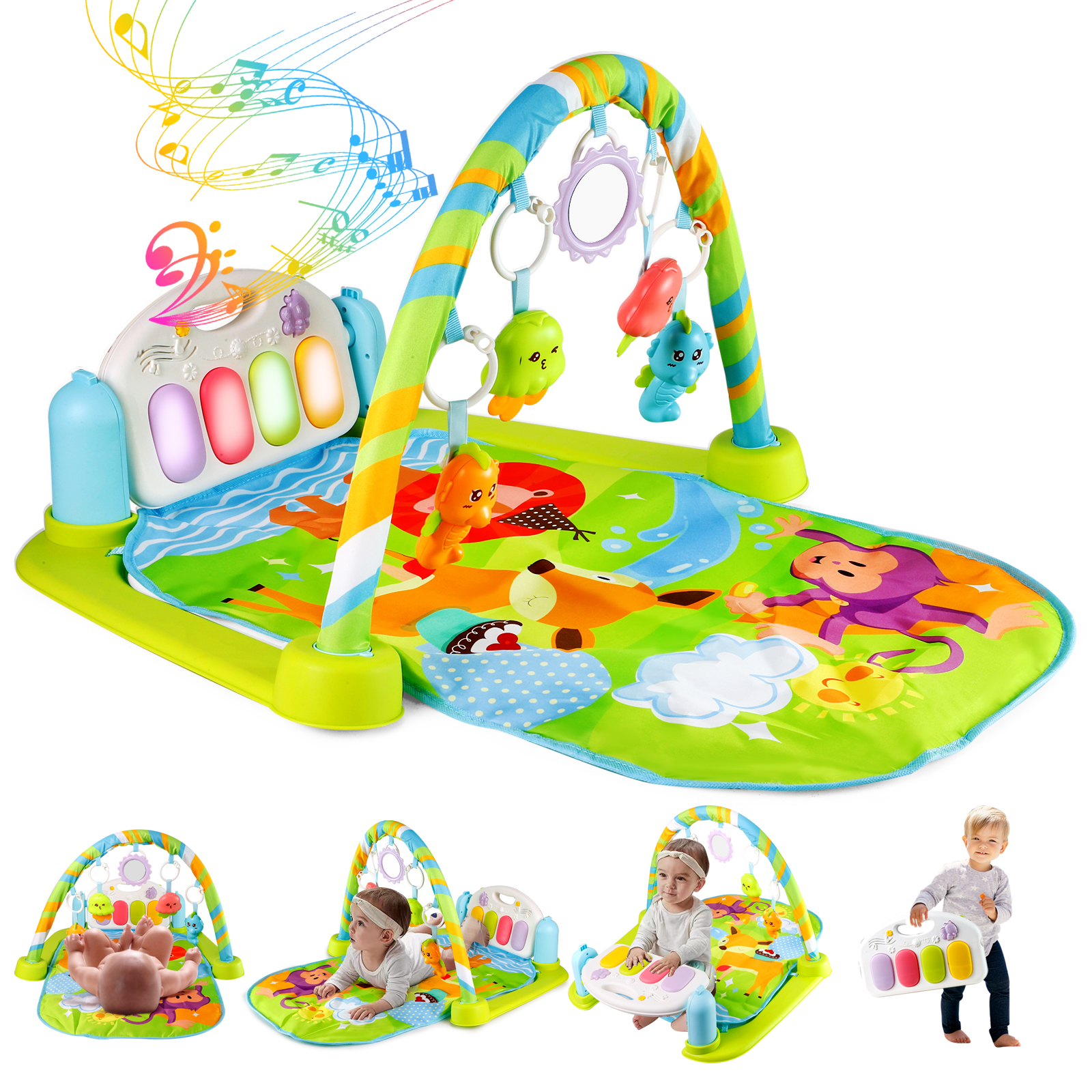 Baby Play Mat Baby Gym Funny Play Piano Tummy Time Baby Activity Gym Mat with 5 Infant Learning Sensory Baby Toys, Music and Lights Boy & Girl Gifts for Newborn Baby 0 to 3 6 9 12 Months - image 1 of 7
