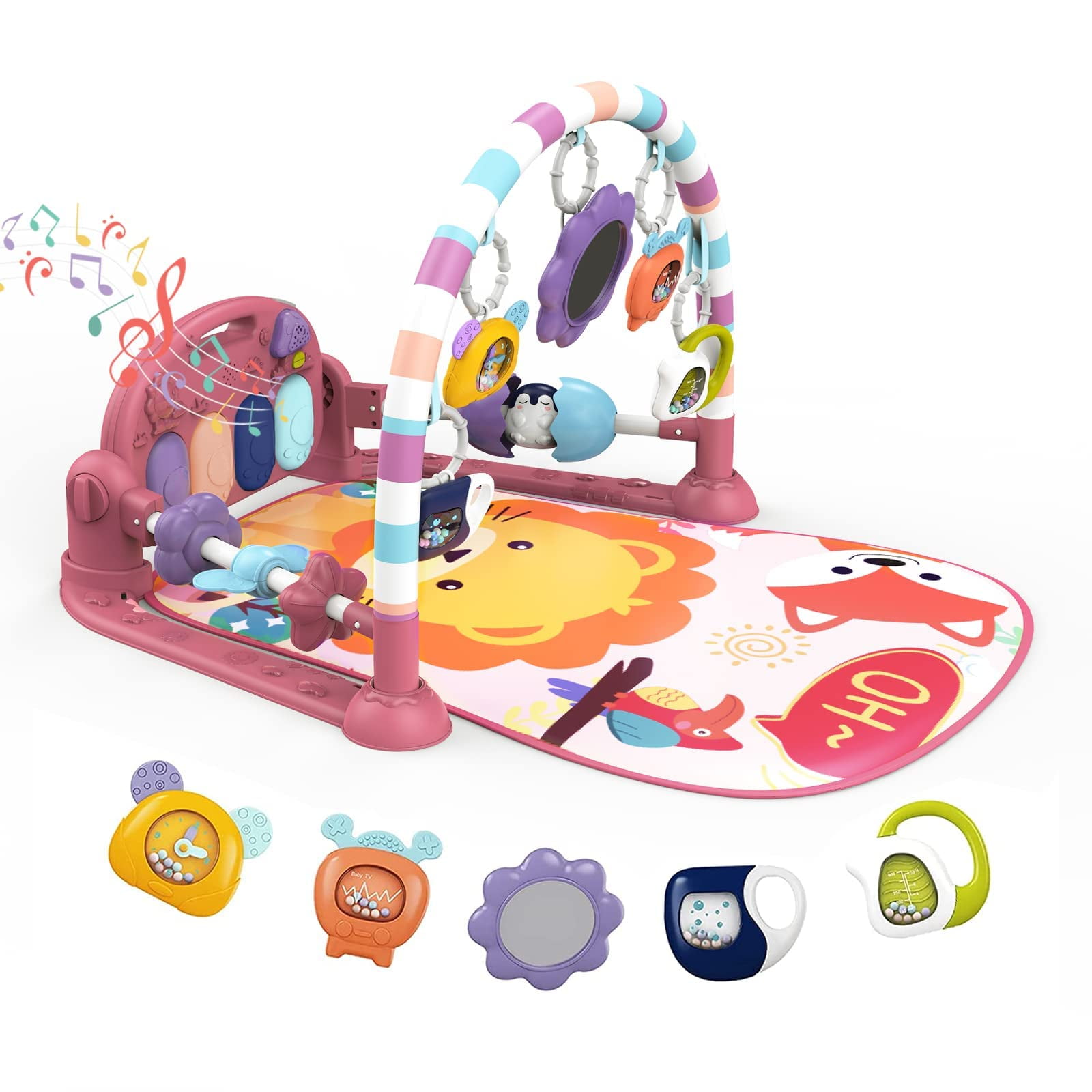 Baby Play Mat Baby Gym,Funny Play Piano Tummy Time Baby Activity Mat with 5 Infant Sensory Baby Toys, Music and Lights Boy & Girl Gifts for Newborn Baby 0 to 3 6 9 12 Months (New Pink)