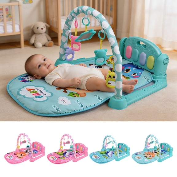 Baby Play Mat with Kick Piano, Kids Play Mat Gym Interactive Kick Piano Activity Pad with Musical Lights Soft Padded Foldable Crawling Blanket for Living Room Nursery Infant, 0-36 Months, Blue
