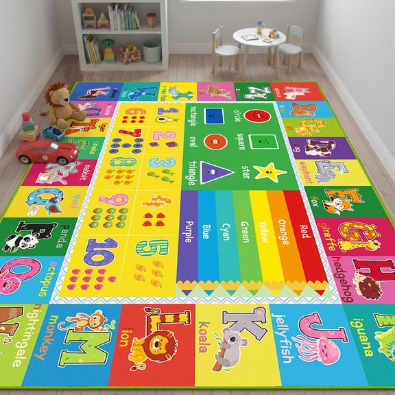 Baby Play Mat Kids Rug for Playroom, ABC Numbers Animals Rainbow Shapes Educational Area Rug for Kids Room Classroom 47.25x31.5 Inch