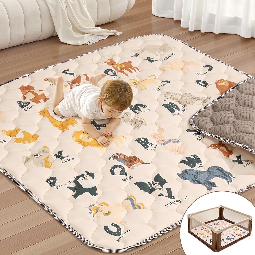 Baby Play Mat, Caveen Thicken Soft Cotton Baby Playmats, Foldable Anti-Slip Floor Crawling Playmat Playpen Mat for Infants and Toddlers, 50"x50", Beige