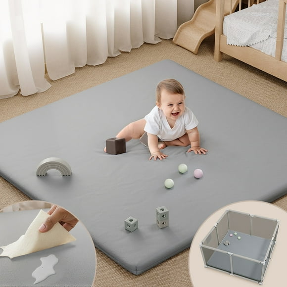 Baby Play Mat, Caveen Vegan Leather Baby Floor Mat Playpen Mat, Thicken Soft Crawling Mat for Infant, Wipe-Clean, 50"x 50", Gray