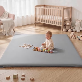 Baby Play Mat, Caveen Vegan Leather Baby Floor Mat Playpen Mat, Thicken Soft Crawling Mat for Infant, Wipe-Clean, 50"x 50", Gray
