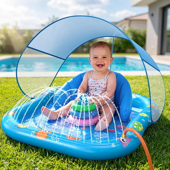 Baby Play Mat with Sprinkler, Inflatable Baby Pool Float with Canopy Backrest & Stackable Rings Water Sprinkler for Kids, Outdoor Water Play Toys for Toddlers Backyard Swimming Water Games
