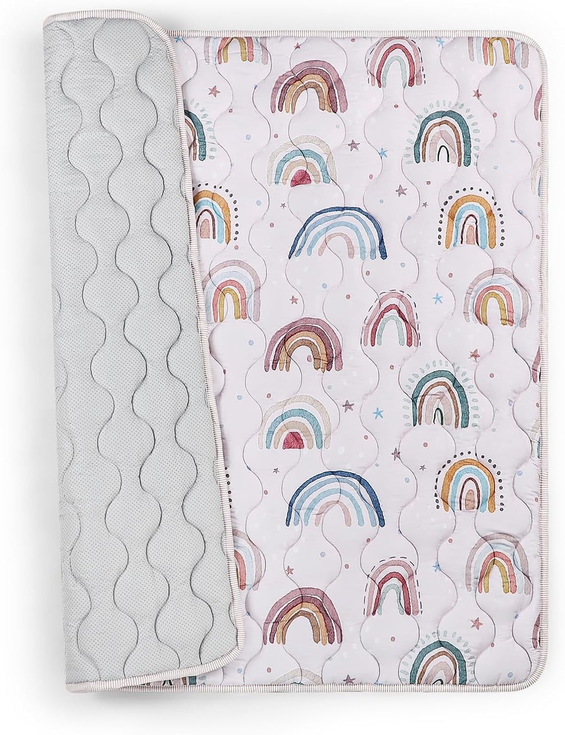 Play Mat for Floor, 127x127 cm Playpen Padded Mat, Soft Infant Tummy Time Crawling Mat,Anti Slip, Pink Rainbow