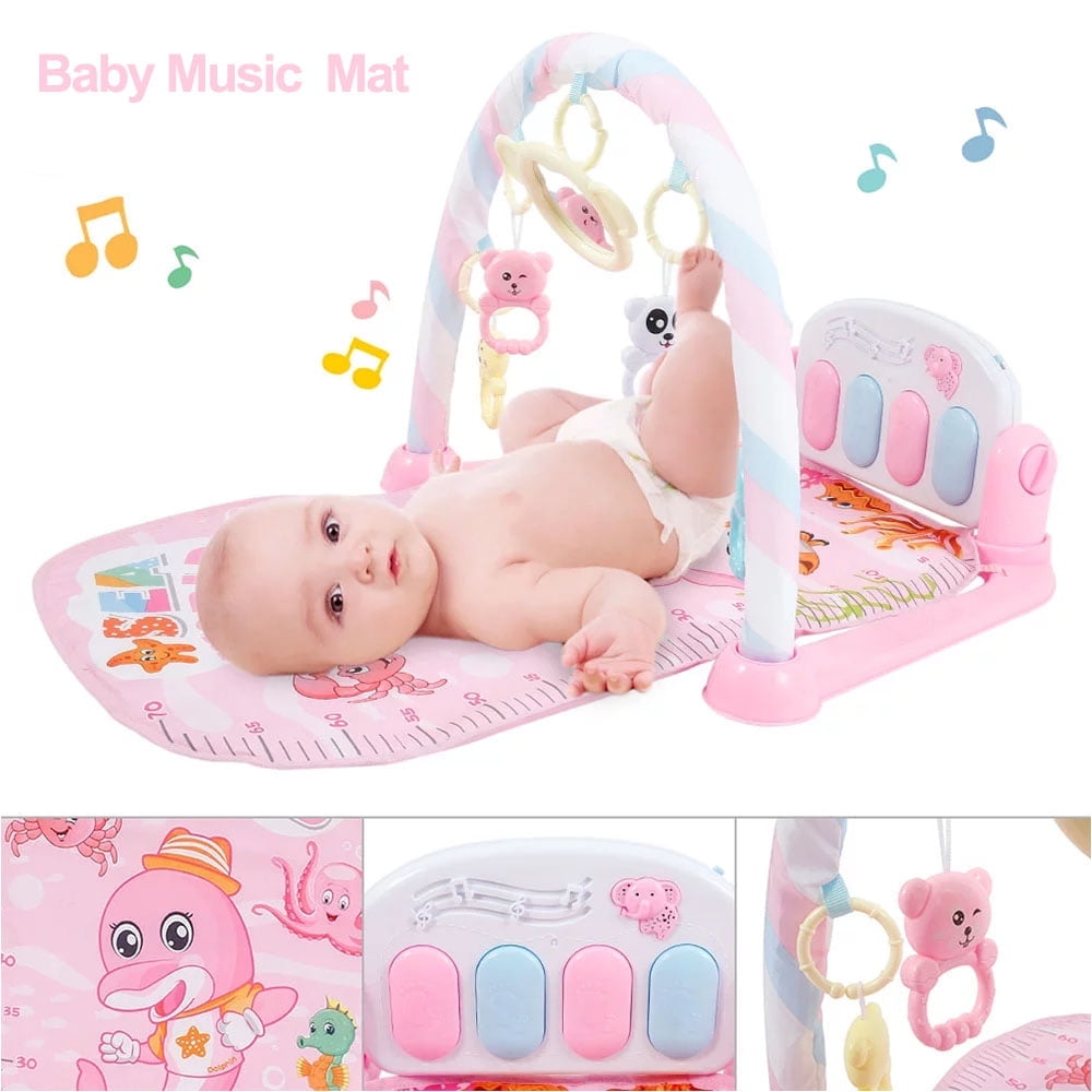 SEREE Baby Play Mat for Infant with Music Baby Gym Jungle Musical Play Mats Newborn Kick and Play Piano Gym Activity Pad Pink