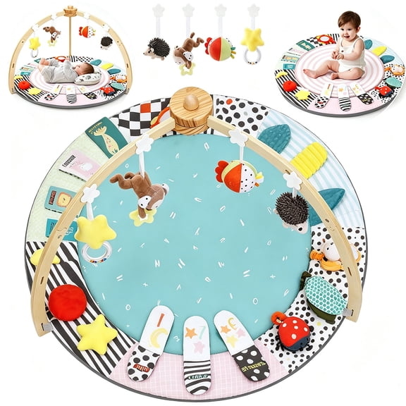 Baby Play Mat with Wooden Play Gym and Detachable Sensory Toys for Infants, Tummy Time Activity Mat, Newborn Baby Gift,Green