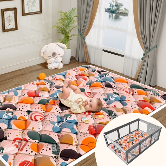 Baby Play Mats for Floor, Foldable 74x50 Inch Playpen Mat, Thicken Cushioning Padding Playmate Baby Play Mat for Baby and Toddlers Infants, Non-Slip, Machine Washable