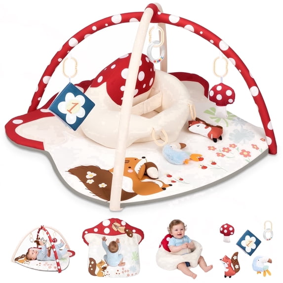 PRVAETU Baby Play Mats Tummy Time Mat for Infant Washable Padded Baby Activity Center with Detachable Toys Non-Slip Baby Gym Playmat,Red