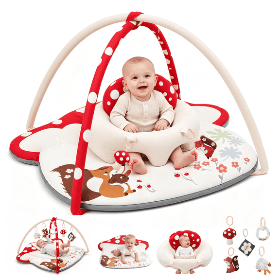 PRVAETU 3-in-1 Baby Play Mat for Infants(Sitting Up, Tummy Time ,Gym Activity) with 5 Detachable Toys,0-18 Months,Newborn Babies Shower Gifts,Red