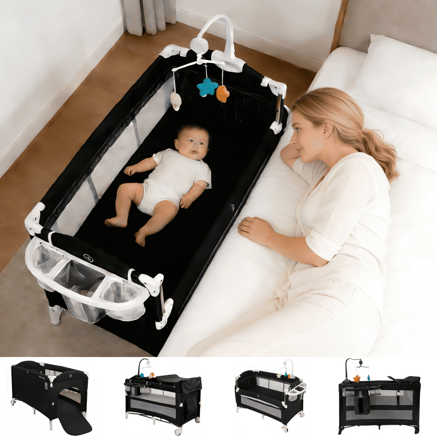 Baby Play Yard Portable Nursery Center 7 in 1 Baby Playpen with Bassinet,Changing Table,Wheels,for Newborn,Four-Panels,Unisex