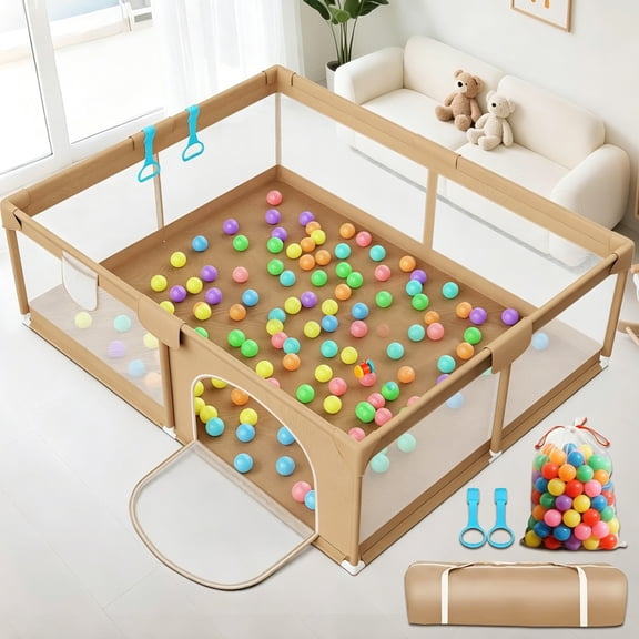 Baby Play Yard for Babies and Toddlers, Extra Large Playpen with Pull Rings & Balls, Portable Activity Center 71x59 inch, Khaki
