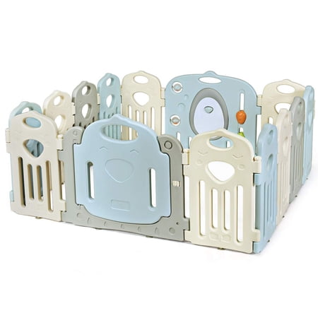 Baby Play Yards - 14 Panel Foldable Thicken Baby Playpen, Indoor Outdoor Colorful Infants Baby Fence with Game Panel, Safety Lock, Non-Slip Bases, Adjustable Shape (Frog, 14- Panel)