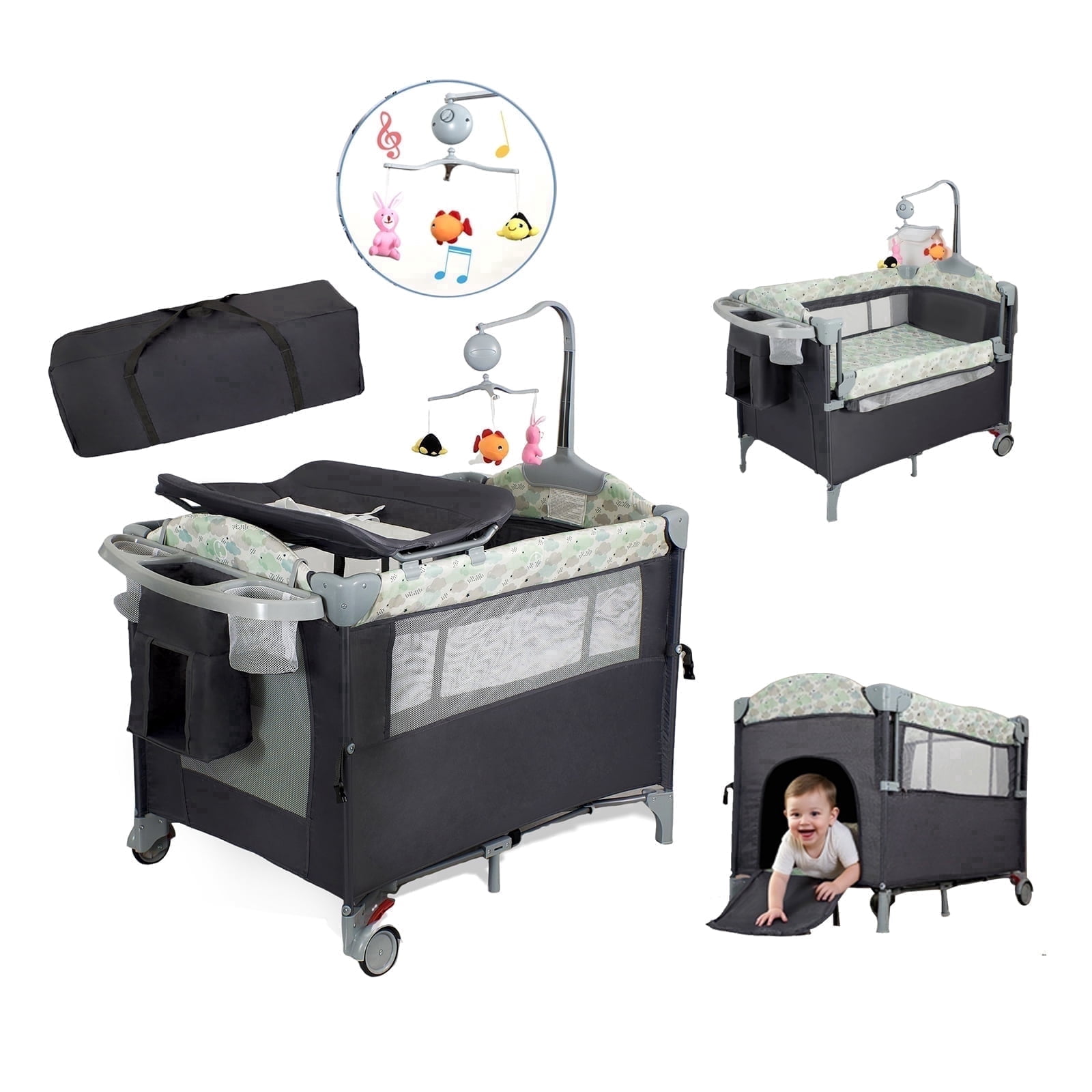 SteAnny 4-in-1 Playard,Pack and Play Bassinet with Changing Table Music Box Foldable Bedside Sleeper(Gray)