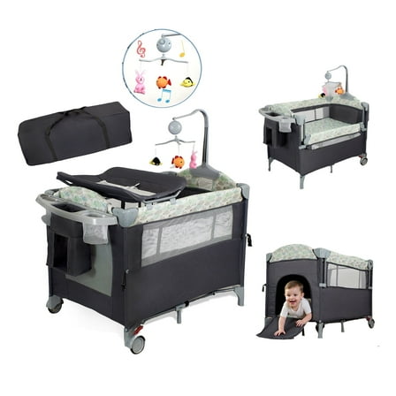 Playard for Baby Play Yard Bassinet with Changing Table Lockable Wheels Music Box Foldable Bedside Sleeper