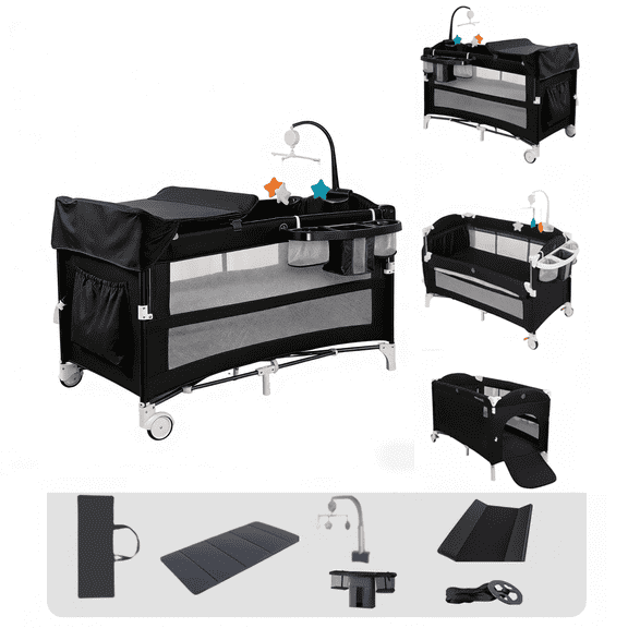 Baby Playard Portable Infant Playard & Bed-Sharing & Baby Crib with Reversible Changing Table for Newborn to Toddlers,Unisex,BLACK