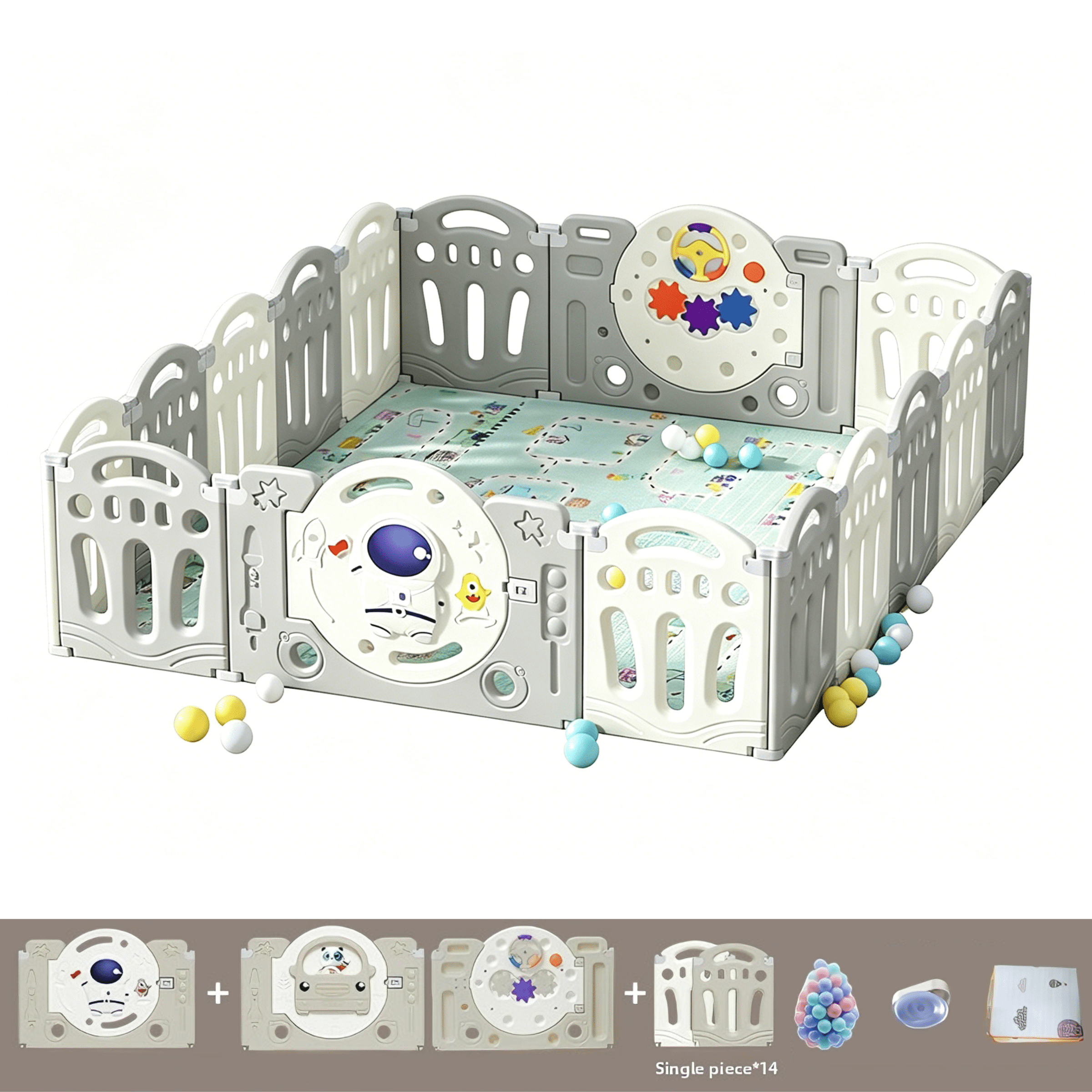 Baby Playpen 14+2 Panels, Foldable Toddler Play Yard with Astronaut Theme Gate, Play Mat & 100 Ocean Balls, Safety Fence for Indoor Use(Grey/White)