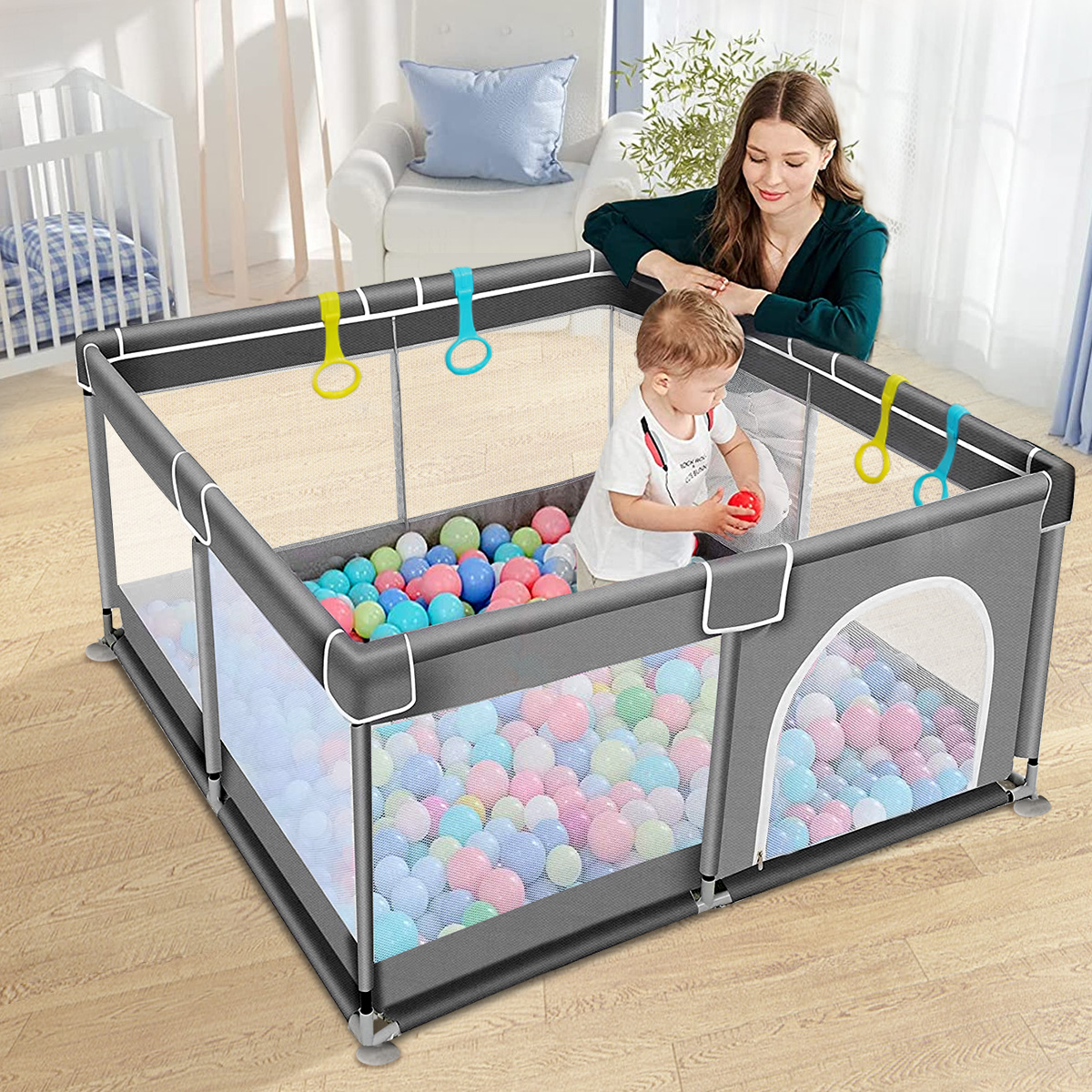 Baby Playpen, 36x36x27inch Portable Soft Mesh Sturdy Pipe Ample Space for Toddler, Gray - image 1 of 8