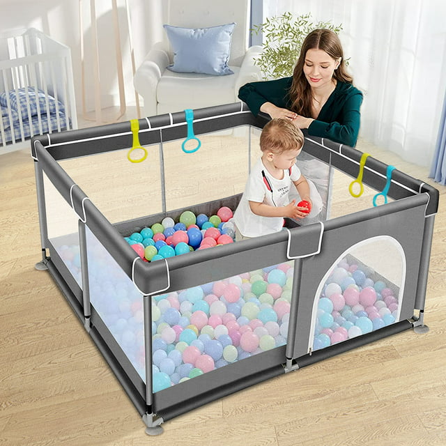 Baby Playpen, 36x36x27inch Portable Soft Mesh Sturdy Pipe Ample Space for Toddler, Gray