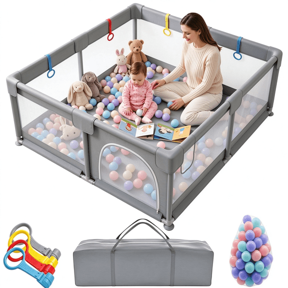 Baby Playpen,47" x47" Baby Large Play Yard Toddler Fence Play Pens for Indoor & Outdoor with Soft Breathable Mesh, Anti-Fall, Gray