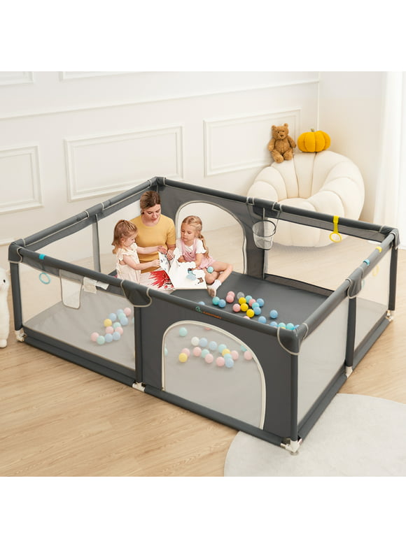 Baby Playpen, 63x63'' Large Baby Playard, Infant Activity Center with Anti-Slip Base, Gray