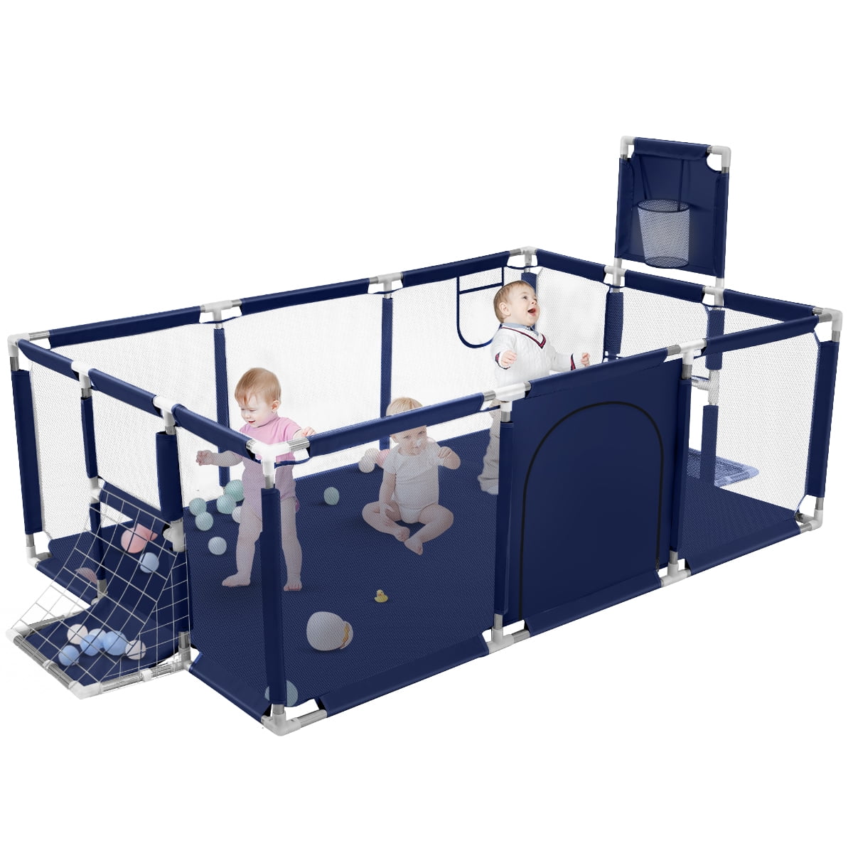 Baby Playpen, HDJ 71 inch Extra Large Baby Playard with Basketball Hoop and Breathable Mesh, Play Fence for Indoors Outdoors,Blue