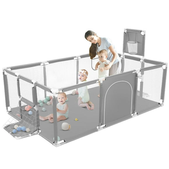 Baby Playpen,71 Inch Extra Large Baby Playard With Basketball Hoop and Breathable Mesh,Children Kids Play Fence for Indoors Outdoors,Gray