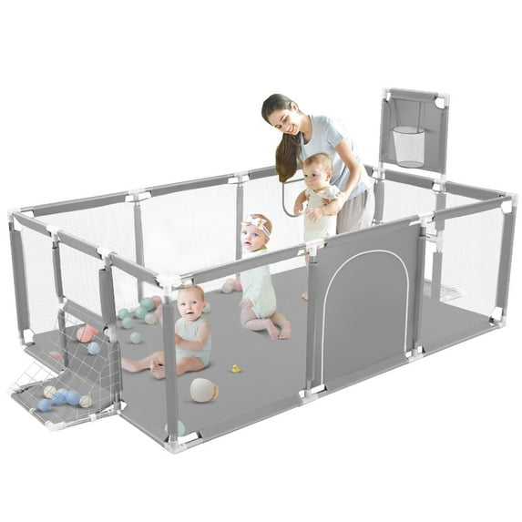 Baby Playpen, HDJ 71 inch Extra Large Baby Playard with Basketball Hoop and Breathable Mesh, Play Fence for Indoors Outdoors,Gray
