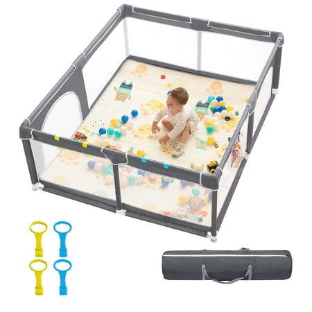 Baby Playpen,71"x59" Extra Large Playard for Babies & Toddlers with Gate,Toys 0-6 to 12 Months Baby Activity Center,Sturdy Safety with Soft Mesh(Gray)