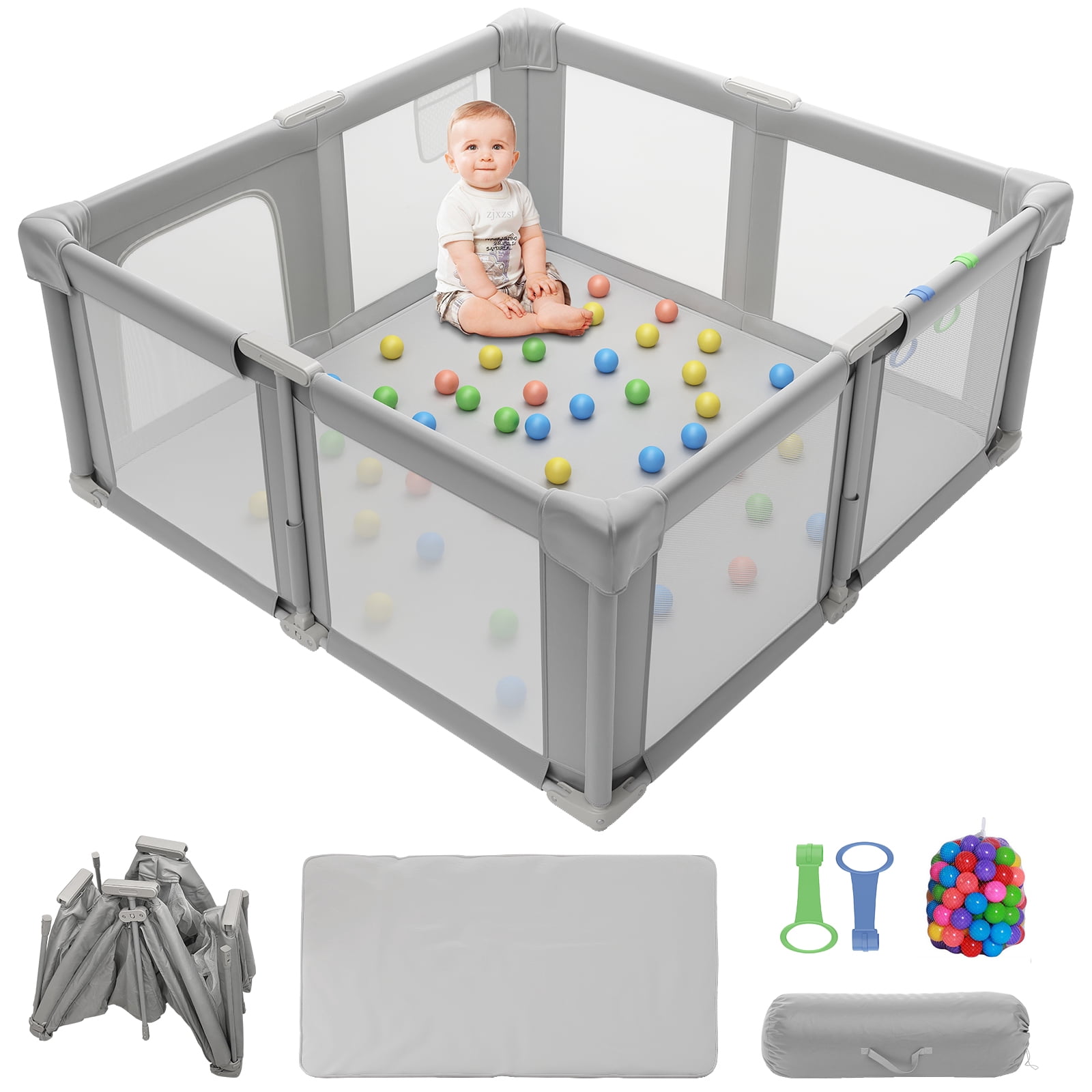 Baby Playpen 51" x 51", Play Pens for Babies and Toddlers Baby Fence Play Yards for Indoor & Outdoor with Breathable Mesh Anti-Fall Playpen, Gray
