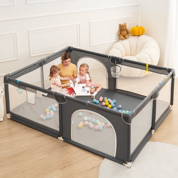 Baby Playpen, 79x79'' Large Baby Playard, Infant Activity Center with Anti-Slip Base, Gray